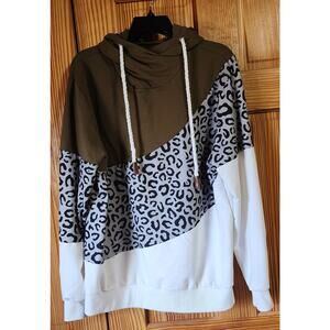 Colorblock Leopard Print Hoodie Sweatshirt Olive White 2X